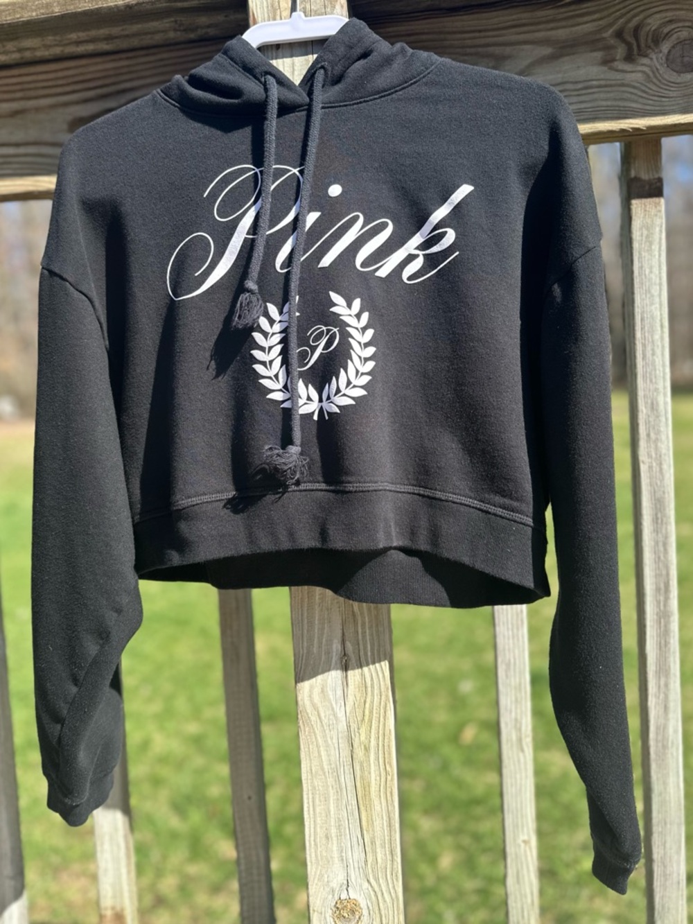 PINK Victoria's Secret Black Cropped Crewneck Hoodie with White Script